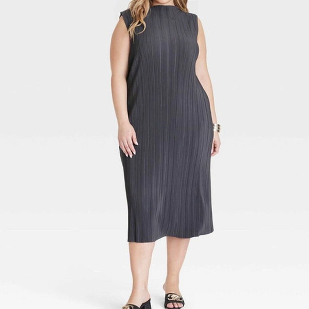 Ava & Viv Midi Sheath Dress Women's 1X Grey Pleated Stretchy Versatile
